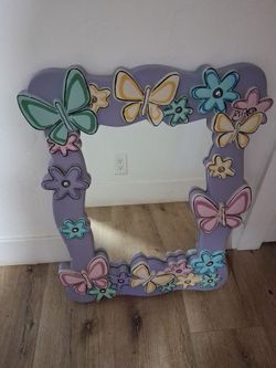 Purple Butterfly Flower Kids Wall Mirror