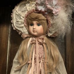 House of Hampton Jules Steiner Original Porcelain Doll. Circa 1985. Signed & Numbered. Glass Blue Eyes. Velvet Victorian Outfit. ANTIQUE DISPLAY CASE