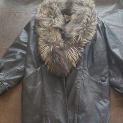 Vtg J PercyMarvin Richards Black Leather Silver Fox Fur Collar Coat ~ Women's L