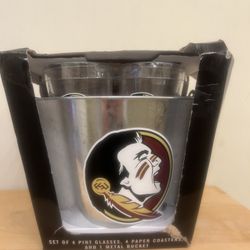 New 9 piece Florida State Bucket Set glasses & coasters