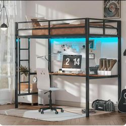 LIKIMIO Loft Bed Twin Size with Desk, Safety Guardrail and Stairs, Metal Loft Be