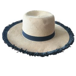 Sun-flower Black and Beige Floppy Straw Hat *Black fringe throughout the rim.  This beautiful straw hat is perfect for any occasion. The black and bei