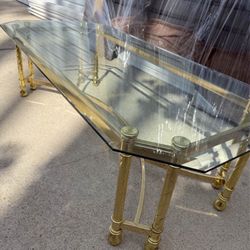 Vintage MCM Glass Top Coffee Table – Brass & Twisted Metal Accents