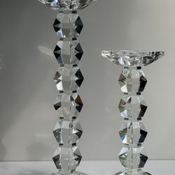 RARE! Glass / Crystal Candle Holders Pair. Heavy!! Modern, Contemporary Decor
