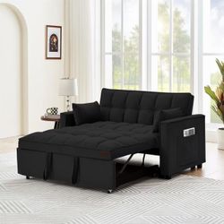 55.2 in. Black Twin 3 in 1 Velvet Convertible Sleeper Sofa Bed Couch w/Pull Out Bed Loveseat with Pillows & Side Pocket