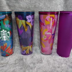 4 Starbucks Tumblers 24 Oz Plastic Various Color And Print No Straws Must Pick Up