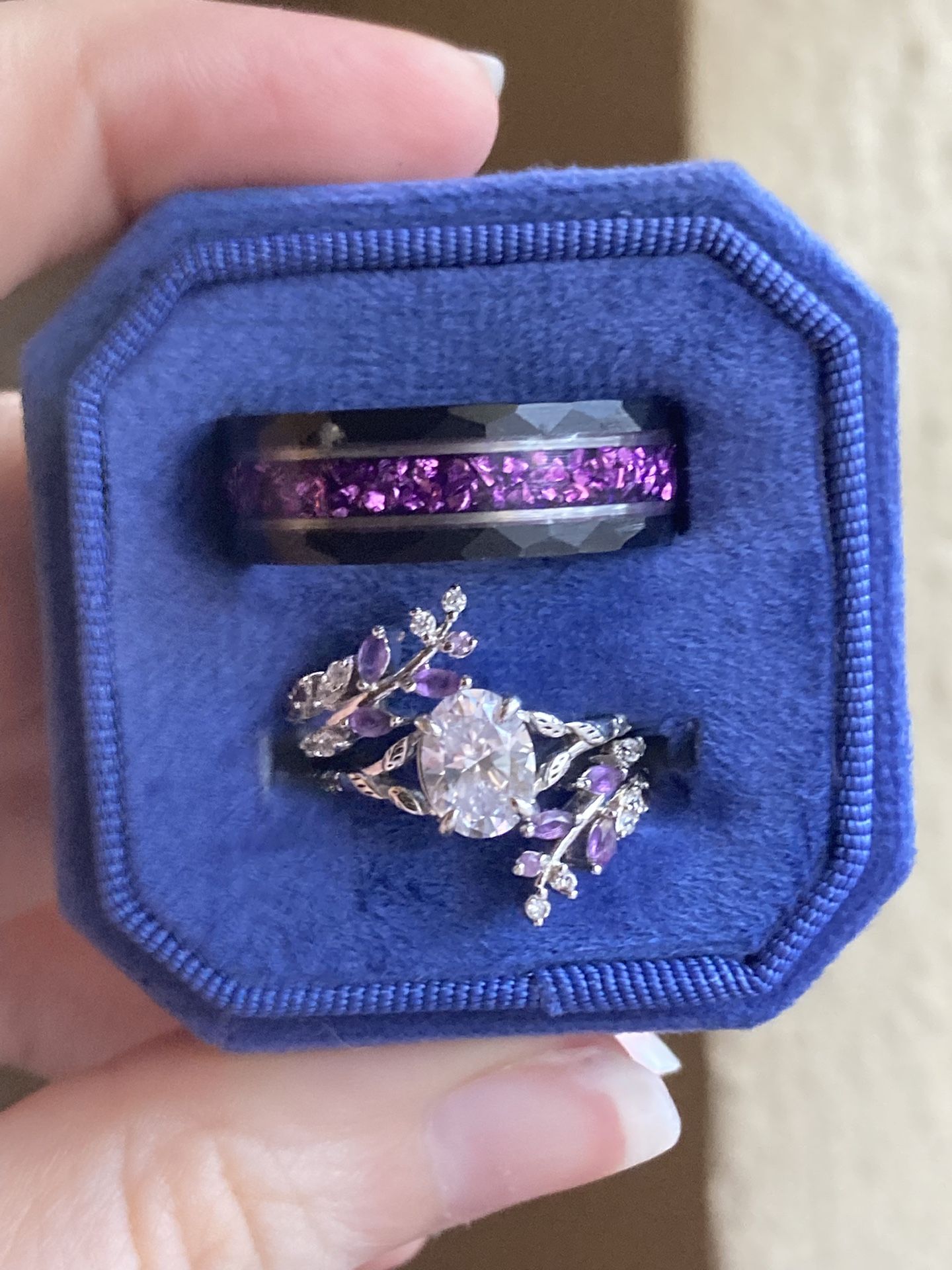 Very Lightly Used Engagement Rings - Amethyst Couples Ring- His and Hers Ring Set Or Separate - Silver/ Tungsten Purple Matching Unique Wedding Bands