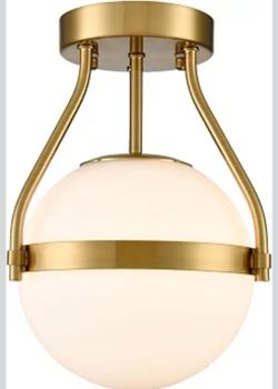 Modern Brass Semi-Flush Ceiling Light, Opal Glass Globe 7"