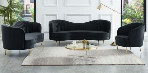 💎ART DECO VIBE 3 PIECE SOFA LOVESEAT CHAIR SET SALA SILLONES BLACK VELVET💎