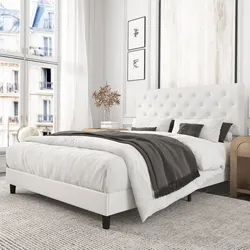 Queen Faux Leather Upholstered Platform Bed Frame with Adjustable Headboard -  White