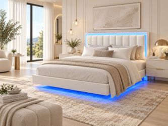 Full bed Floating Bed Frame with LED Lights, Upholstered Platform Bed with Headboard, 11 in Storage Clearance, Solid Wood Slats, No Box Spring Needed,