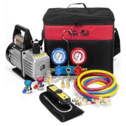 Premium 4CFM Air Vacuum Pump HVAC A/C Refrigeration Kit AC Manifold Gauge Case Set R134a Tap w/Leak Detector and Carrying Tote Bag
