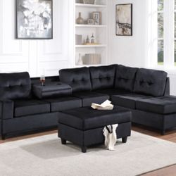 Reversible Sectional+ Storage Ottoman Couch (black Velvet)
