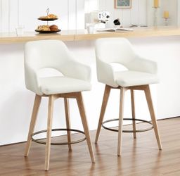 Swivel Counter Stools Set of 2, Wooden Counter Height Bar Stools 26" Retro Counter Stools with Back & Arm, Upholstered PU Leather Barstool with Distre