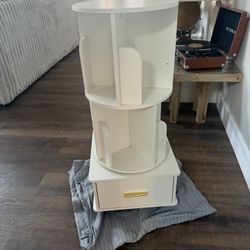 2-Tier Rotating Bookcase with Wheels and Drawers, 360° Swivel Corner Bookshelf, Solid Wood Storage T