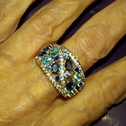 Gorgeous Ring:   Sapphires & White Zircons In This Solid Sterling Silver Ring.  It Is Stamped 925.  Size 6.  Never Worn/New In Box.