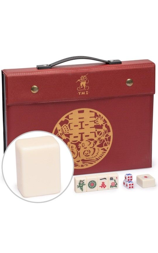 New Yellow Mountain Imports Chinese Mahjong Set, Classic Ivory with 146 Ivory Colored Small Tiles, Vinyl Case, Wind Indicator and Dice - for Chinese S