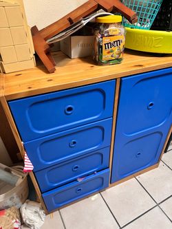 Wood Cabinet with Blue Plastic Drawers