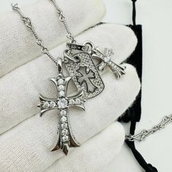 *SEND OFFERS! * Chrome Hearts Triple Pendant Iced Cross Charm Design Necklace | 925 Silver
