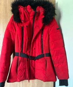 Red puffer jacket