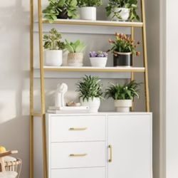 HITHOS 69" Tall Bookshelf, White Gold 4-Tier Bookcase with Wooden Drawers and Ladder Shelves, Free Standing Storage Cabinet Kitchen Bakers Rack with M