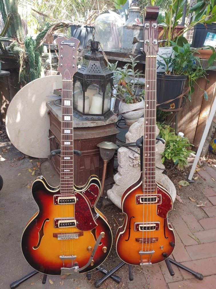 ES 335 And Violin Bass. Conqueror, Bruno, Aria, Kawai, Teisco, National. Matching Set From Japan!