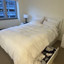 Ikea bed with storage & side tables & mirror