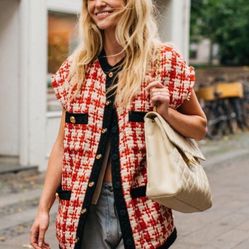 GUCCI Knitted Sleeveless Iconic Houndstooth Jacket In Red Size 36 