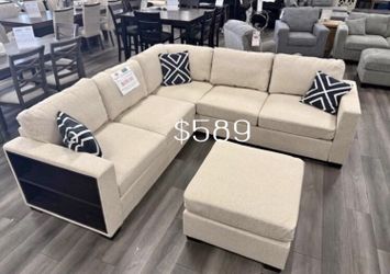 Elegant 4-Pc Boucle Sectional Sofa With Ottoman & Built In Shelf