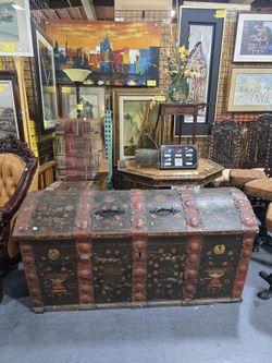 Large Antique Hand Painted Dome Top Trunk Rustic Chest