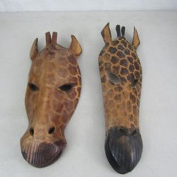 African Hand Carved Folk Art Wooden Giraffe Masks Wall Decor Kenya


