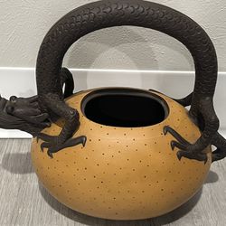 Vintage Clay Dragon’s Egg Teapot, Missing The Lid And 1 Whisker.  Looks Amazing With Greenery Added