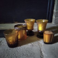 5 Amber Glass Votive Holders.