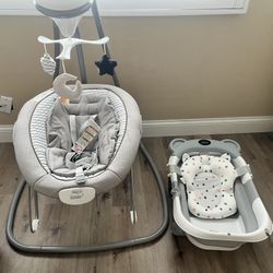 Brand new, Unused baby bath and motorized Graco swing with music and mobile And portable booster OBO