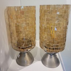 Pair of Rainwater Glass Brushed Silver Pillar Candle Holders
