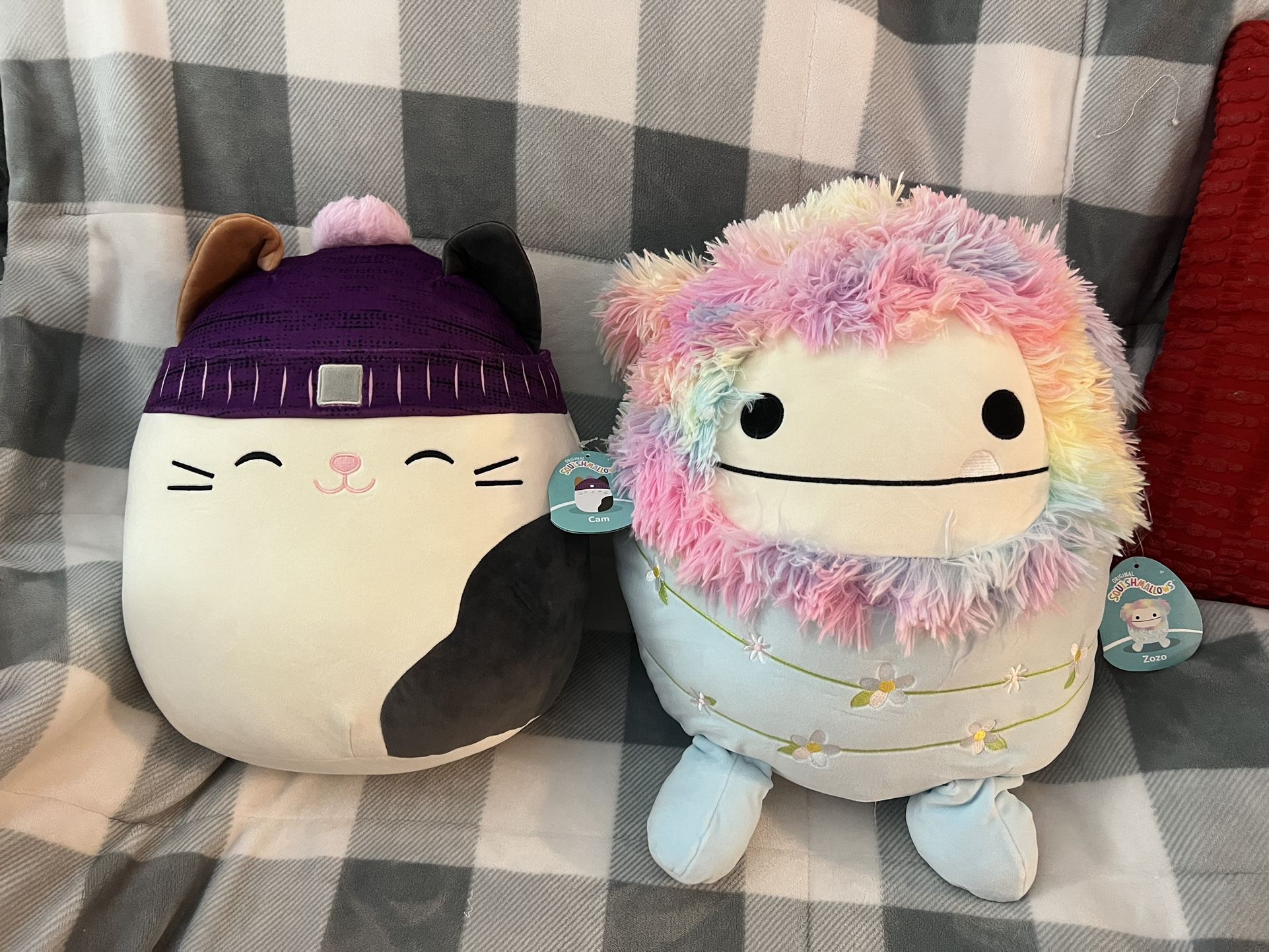 Large Squishmallows NEW Cam Calico cat with purple hat and Zozo the Bigfoot plush kids toy gift