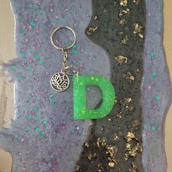 Resin Green Letter D with the Lotus flower Keychain 