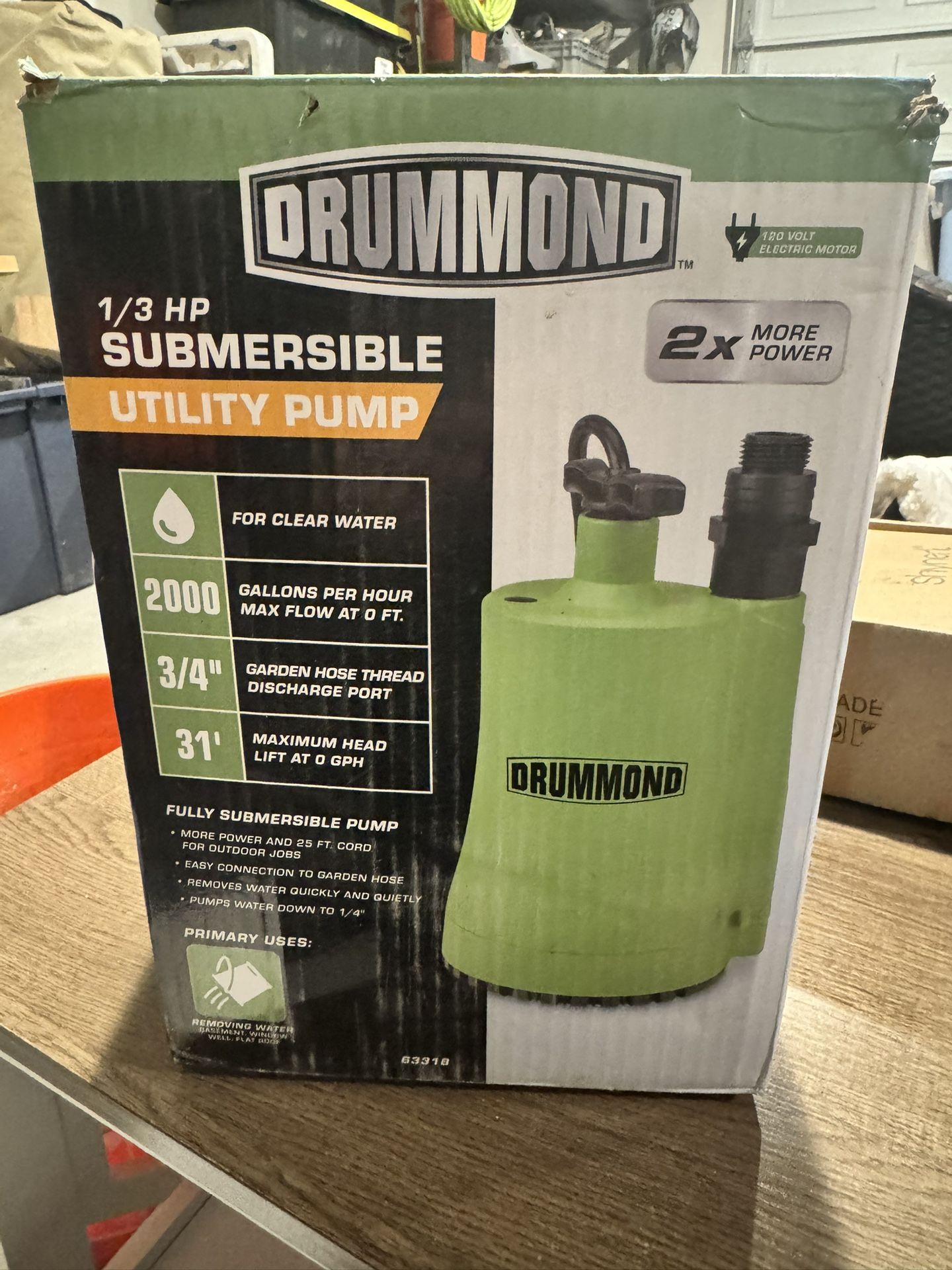 DRUMMOND 1/3 HP Submersible Utility Pump 2000 GPH