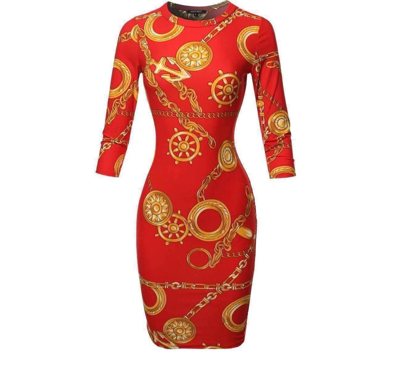 2x chain, print red dress