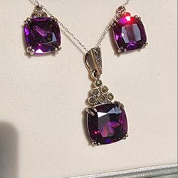 Amethyst in 925 SS and Marcasite Pendant and Earring Set
