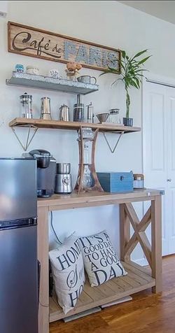 Farmhouse Coffee Station Set — Console Table, Wood & Metal Shelves, "Café de Paris" Sign, 2 Pillows