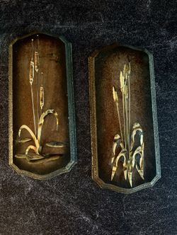 Vintage MCM Cattail on Wood Wall Plaque