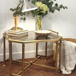 BEAUTIFUL 1970’s Solid Brass and Smoked Glass Table