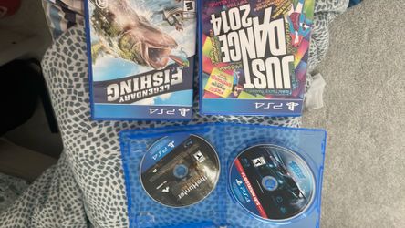 4 PS4 Games- Need for Speed, Legendary Fishing, Just Dance 2014, and theHunter Call of the Wild