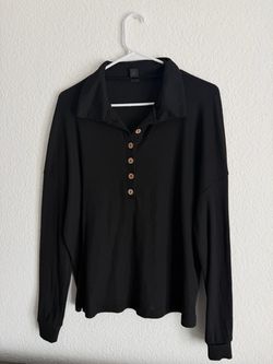 Black Waffle Knit Long Sleeve Henley Top