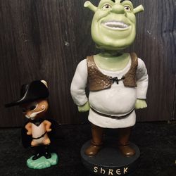 SHREK 2 DreamWorks Rare 2004 8” Bobble Head + Puss In Boots 4" Bobblehead Figure - Burger King Toy