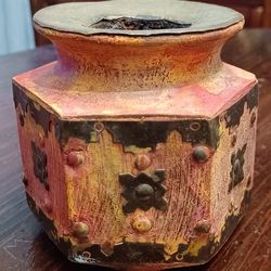 #1549, rustic brass/wood vase.