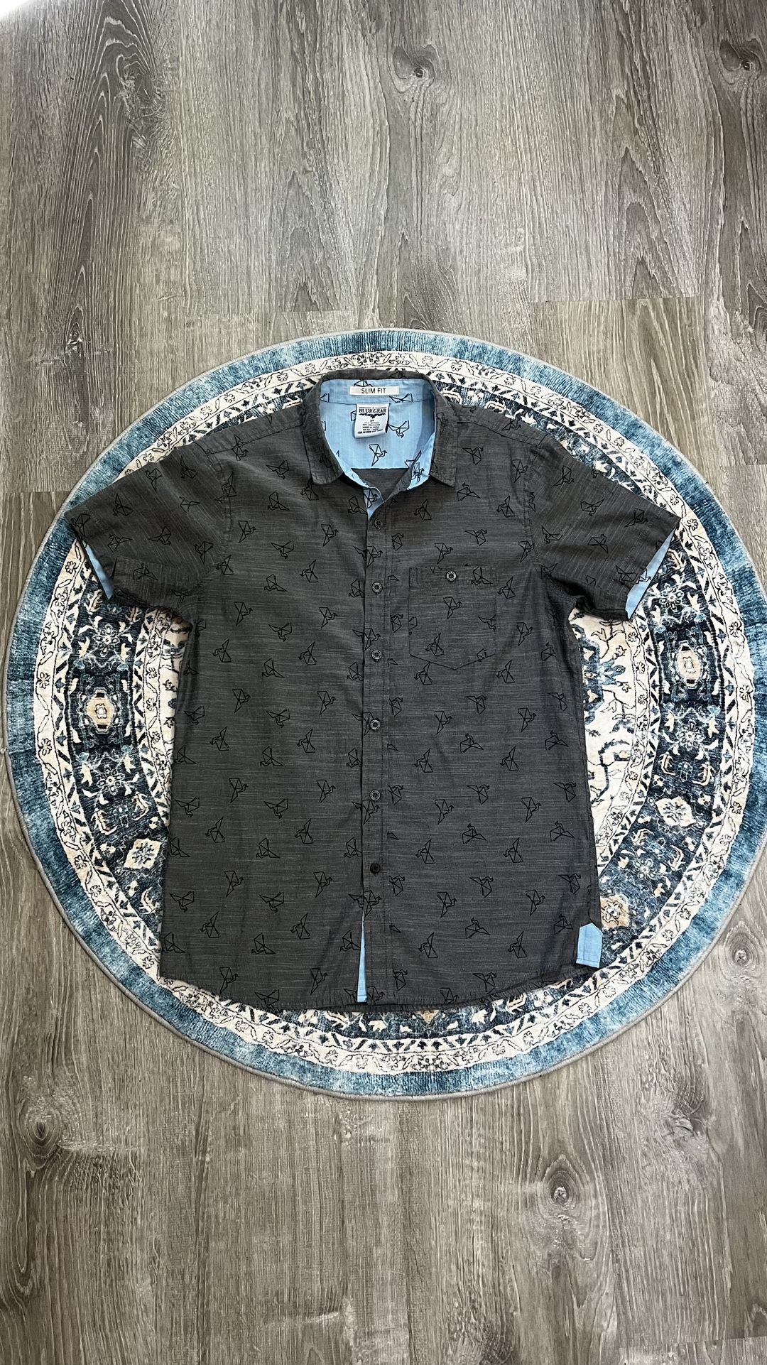 Blue Gear Medium Dark Gray Blue Slim Fit Polo Button Down Shirt Origami Print