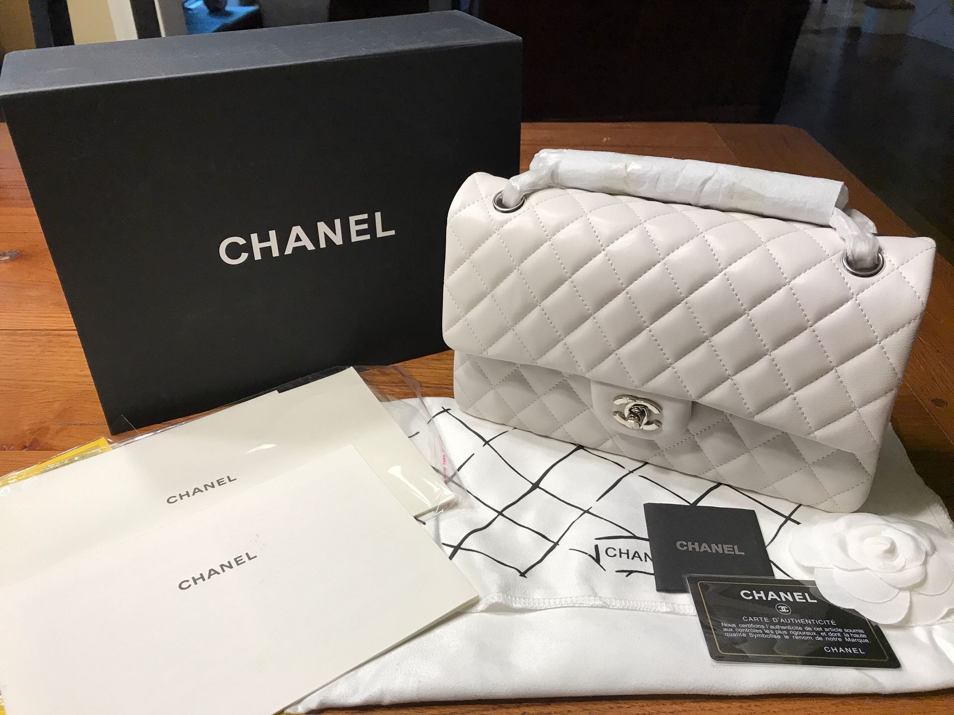 Chanel Classic Quilt Medium silver hardware white bag