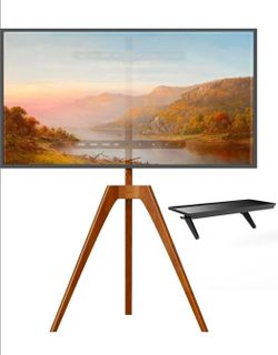 TV stand PUTORSEN Solid Wood Easel TV Stand with a media shelf designed for 45-to-65-inch flat-screen TVs.
